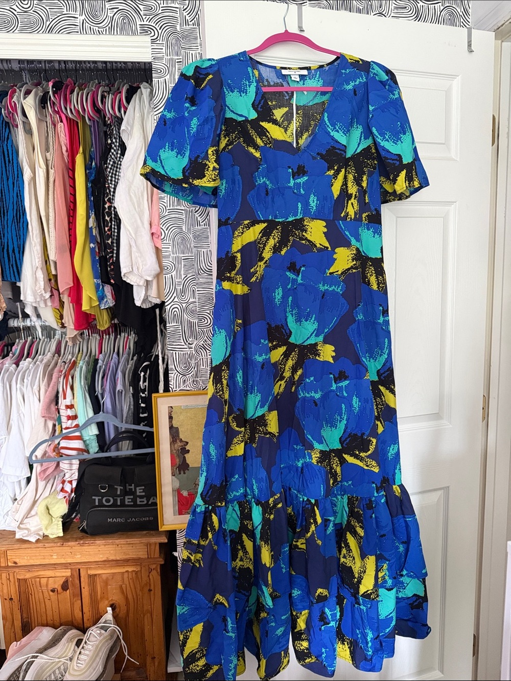 Christopher John Rogers Blue Floral Puff-Sleeve Maxi Dress with Yellow Accents